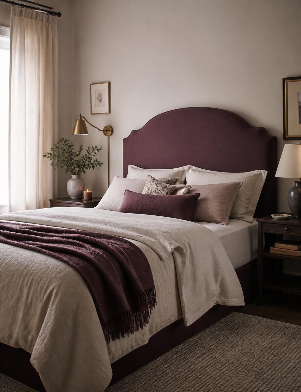 Softly lit bedroom with plum upholstered headboard and linen bedding