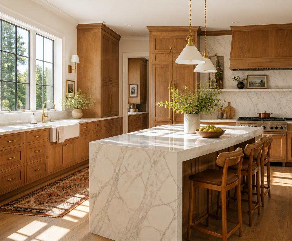 Sunlit kitchen with warm wood cabinetry and a marble island